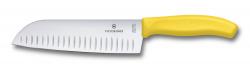 Картинка Нож кухонный Victorinox Santoku, ребристе лезо, 17 cм, жовтий, блістер
