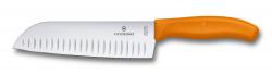 Картинка Нож кухонный Victorinox Santoku, ребристе лезо, 17 cм, помаранчевий, блістер