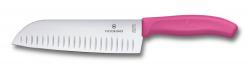 Картинка Нож кухонный Victorinox Santoku, ребристе лезо, 17 cм, рожевий, блістер