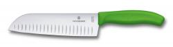 Картинка Нож кухонный Victorinox Santoku, ребристе лезо, 17 cм, зелений, блістер
